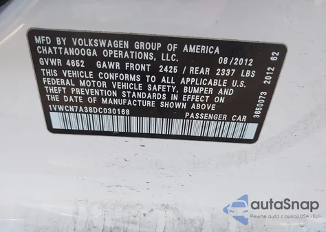 2013 Volkswagen Passat 2.0L Tdi Sel Premium из США, поврежденный, VIN 1VWCN7A38DC030168